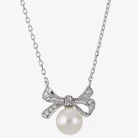 Womens White Cultured Freshwater Pearl Sterling Silver Bow 18 Inch Pendant Necklace