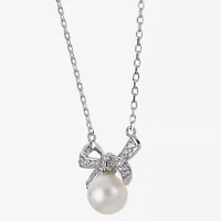 Womens White Cultured Freshwater Pearl Sterling Silver Bow 18 Inch Pendant Necklace