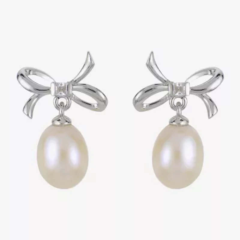 White Cultured Freshwater Pearl Sterling Silver 16mm Bow Stud Earrings