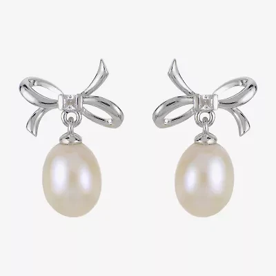 White Cultured Freshwater Pearl Sterling Silver 16mm Bow Stud Earrings