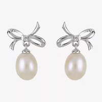 White Cultured Freshwater Pearl Sterling Silver 16mm Bow Stud Earrings