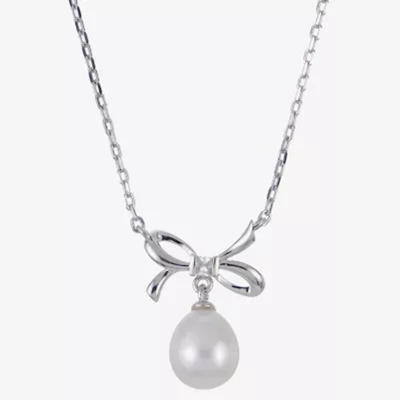 Womens White Cultured Freshwater Pearl Sterling Silver Bow 18 Inch Pendant Necklace