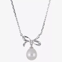 Womens White Cultured Freshwater Pearl Sterling Silver Bow 18 Inch Pendant Necklace