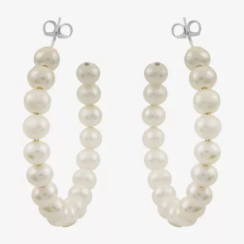 Womens White Cultured Freshwater Pearl Sterling Silver 40mm Hoop Earrings