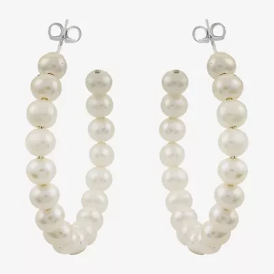 Womens White Cultured Freshwater Pearl Sterling Silver 40mm Hoop Earrings