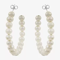 Womens White Cultured Freshwater Pearl Sterling Silver 40mm Hoop Earrings