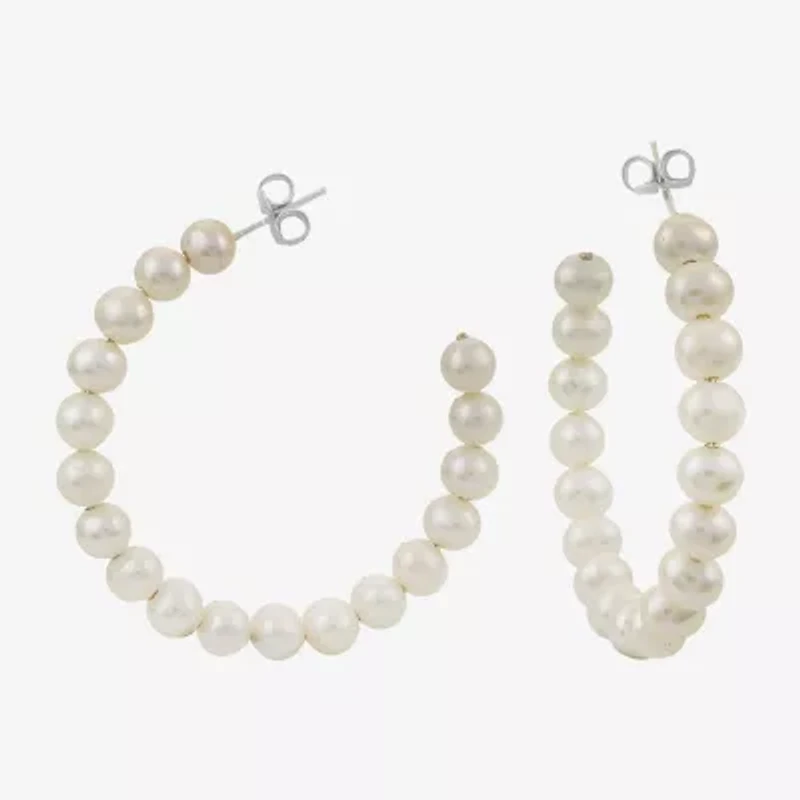 Womens White Cultured Freshwater Pearl Sterling Silver 40mm Hoop Earrings
