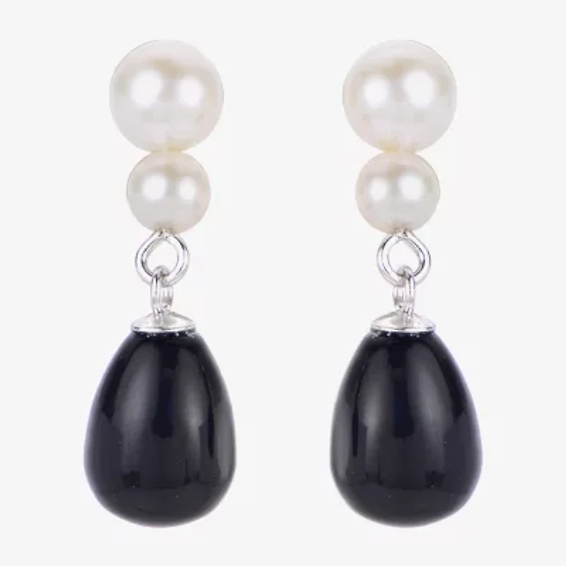 Womens Black Onyx Cultured Freshwater Pearl Sterling Silver Drop Earrings