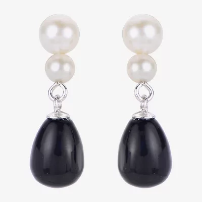 Womens Black Onyx Cultured Freshwater Pearl Sterling Silver Drop Earrings