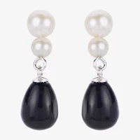 Womens Black Onyx Cultured Freshwater Pearl Sterling Silver Drop Earrings