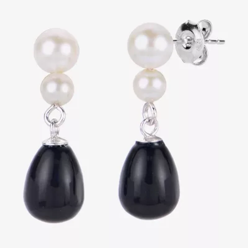 Womens Black Onyx Cultured Freshwater Pearl Sterling Silver Drop Earrings