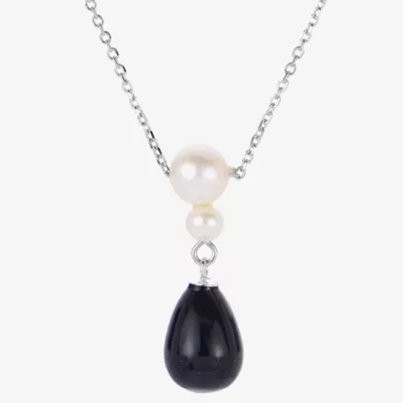 Womens Black Onyx Cultured Freshwater Pearl Sterling Silver 18 Inch Pendant Necklace