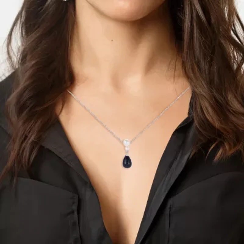 Womens Black Onyx Cultured Freshwater Pearl Sterling Silver 18 Inch Pendant Necklace