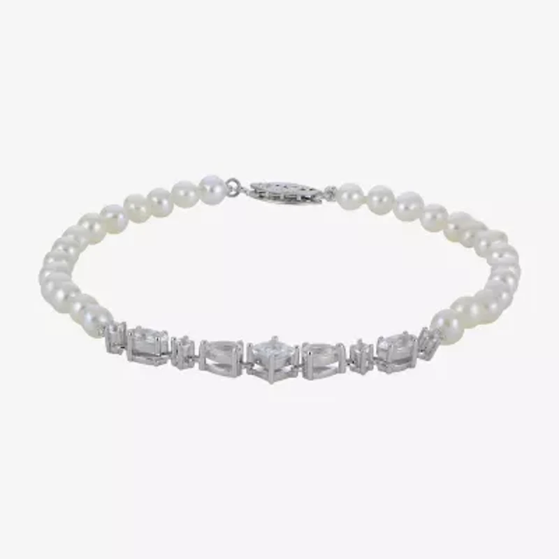 Womens White Cultured Freshwater Pearl Sterling Silver Strand Bracelet