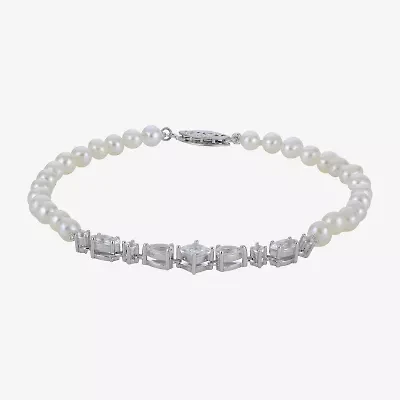 Womens White Cultured Freshwater Pearl Sterling Silver Strand Bracelet