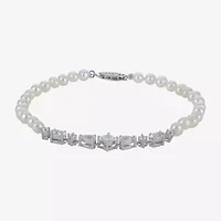 Womens White Cultured Freshwater Pearl Sterling Silver Strand Bracelet