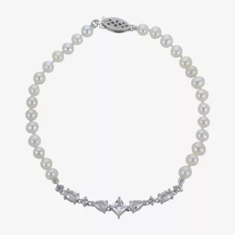 Womens White Cultured Freshwater Pearl Sterling Silver Strand Bracelet