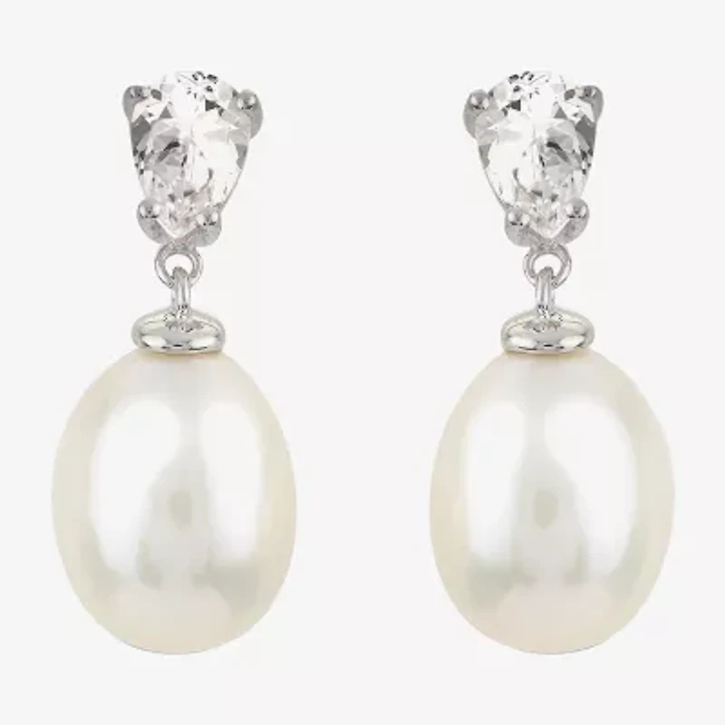 Womens White Cultured Freshwater Pearl Sterling Silver Pear Drop Earrings