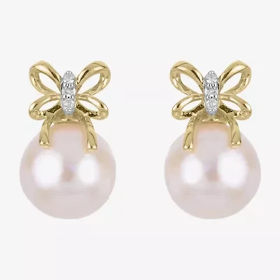 White Cultured Freshwater Pearl 14K Gold 11.5mm Bow Stud Earrings