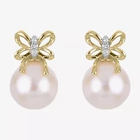 White Cultured Freshwater Pearl 14K Gold 11.5mm Bow Stud Earrings