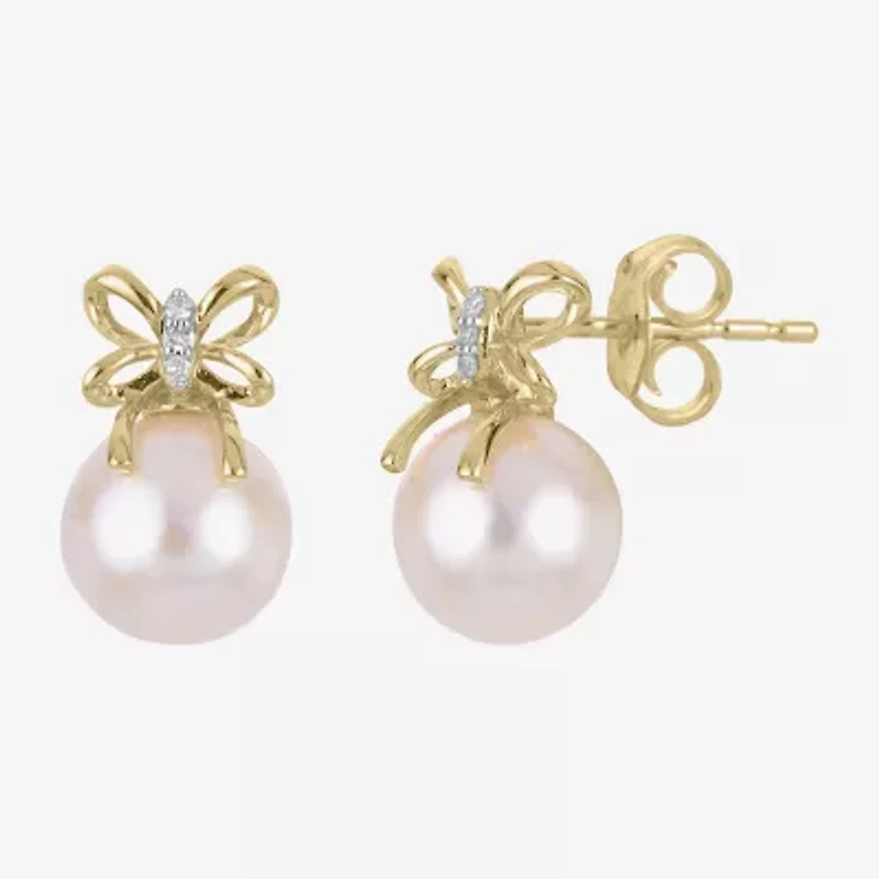 White Cultured Freshwater Pearl 14K Gold 11.5mm Bow Stud Earrings