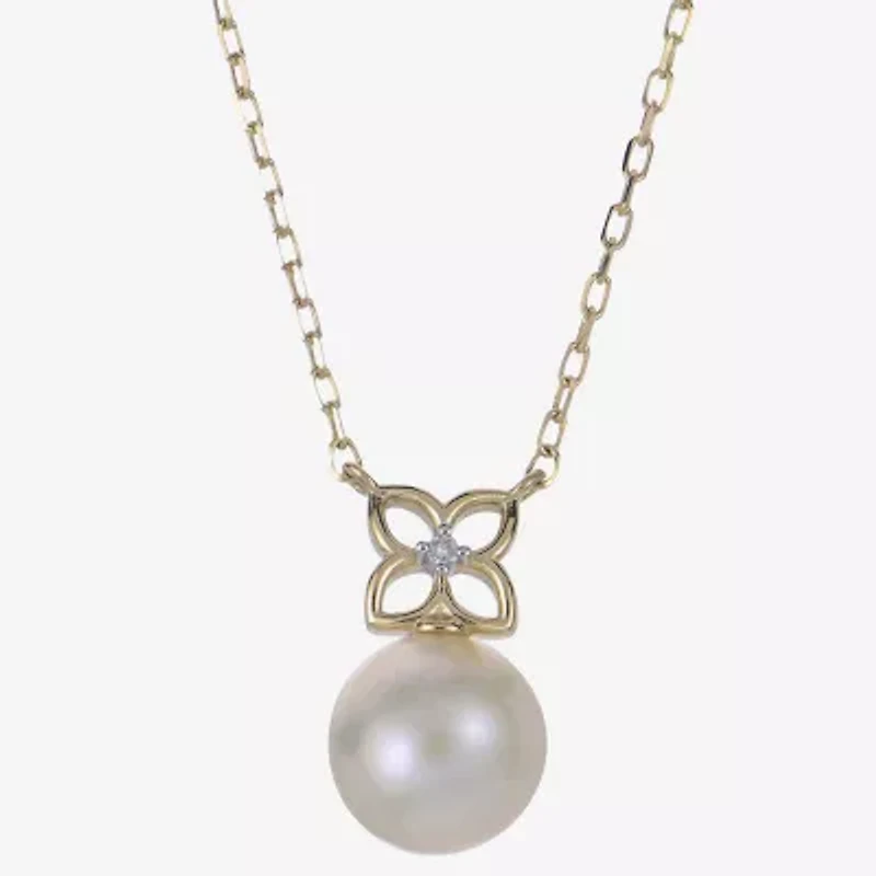 Womens White Cultured Freshwater Pearl 14K Gold Bow 18 Inch Pendant Necklace