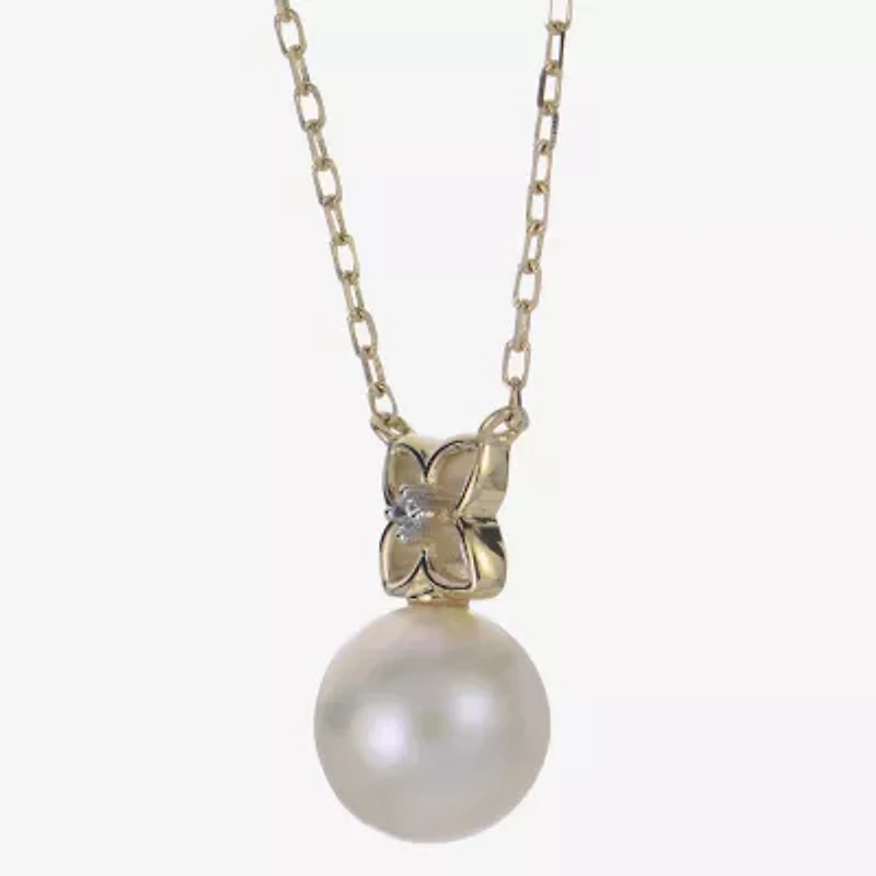 Womens White Cultured Freshwater Pearl 14K Gold Bow 18 Inch Pendant Necklace