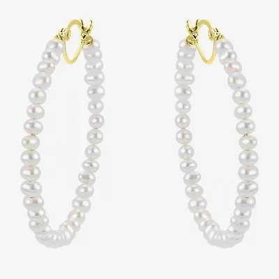 Womens White Cultured Freshwater Pearl 14K Gold 40mm Hoop Earrings