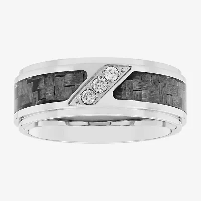 Personalized Mens 1/10 CT.T.W. Natural Diamond 8mm Stainless Steel and Carbon Fiber Wedding Band