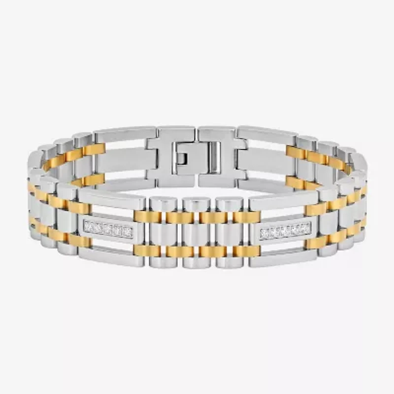 Mens Two-Tone Stainless Steel Cubic Zirconia Bracelet