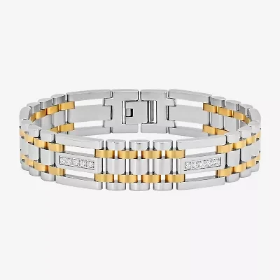 Mens Two-Tone Stainless Steel Cubic Zirconia Bracelet