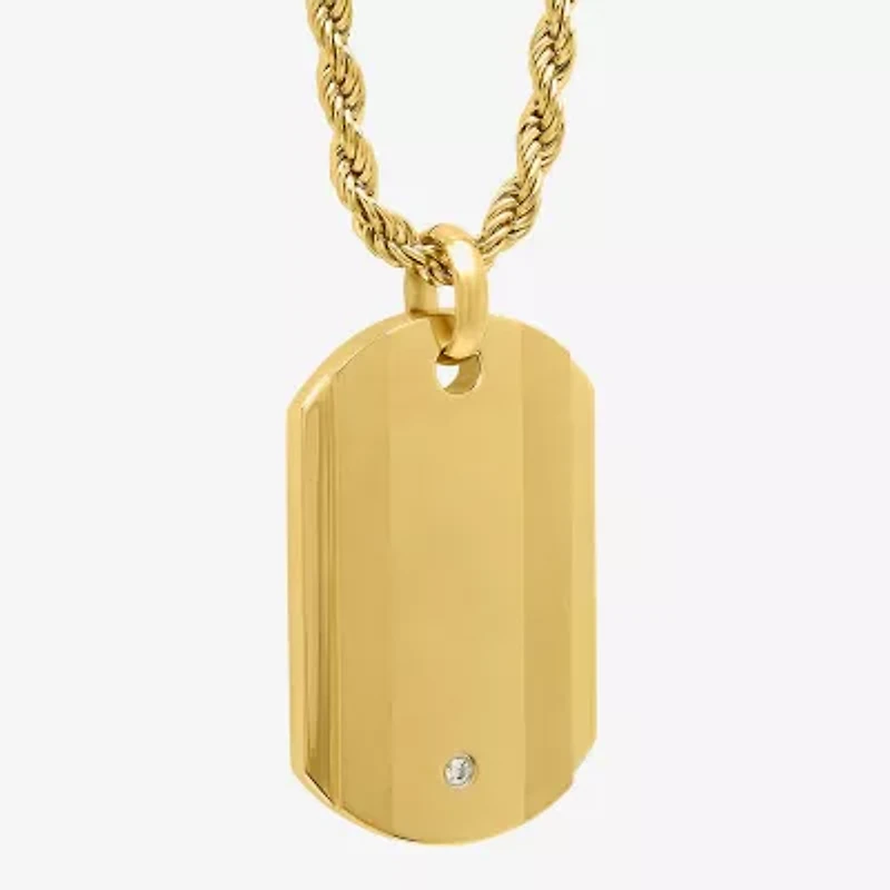 Mens Cubic Zirconia Gold-Tone Ion-Plated Stainless Steel Dog Tag Pendant Necklace