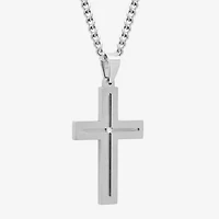 Mens Diamond-Accent Stainless Steel Cross Pendant Necklace