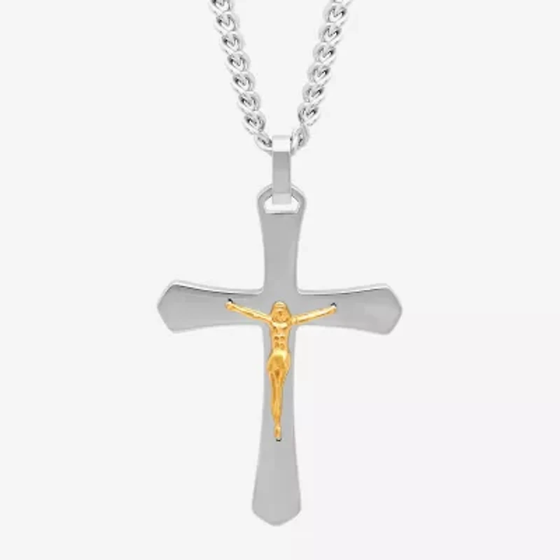 Mens Two-Tone Stainless Steel Crucifix Pendant Necklace
