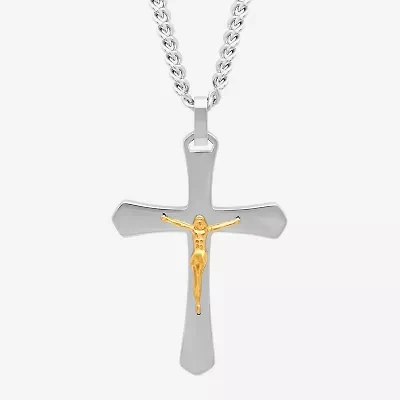 Mens Two-Tone Stainless Steel Crucifix Pendant Necklace