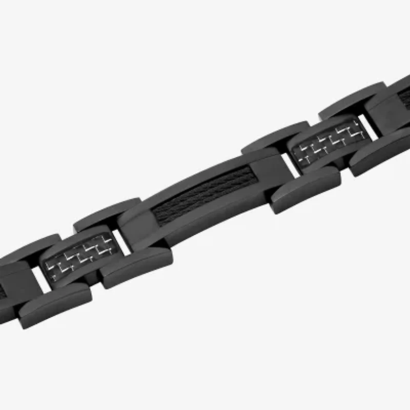 Mens Black Ion-Plated Stainless Steel and Carbon Fiber Link Bracelet