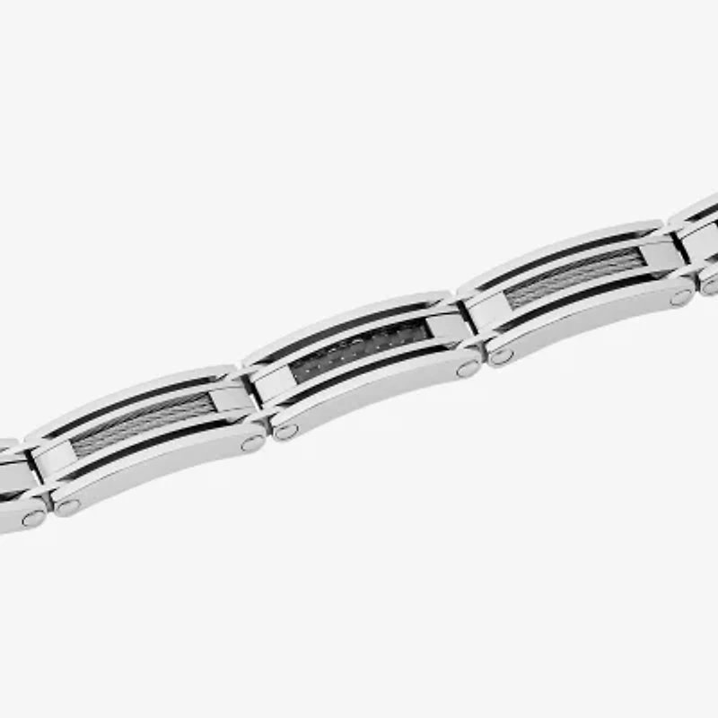 Mens Stainless Steel and Black Carbon Fiber Cable Link Bracelet