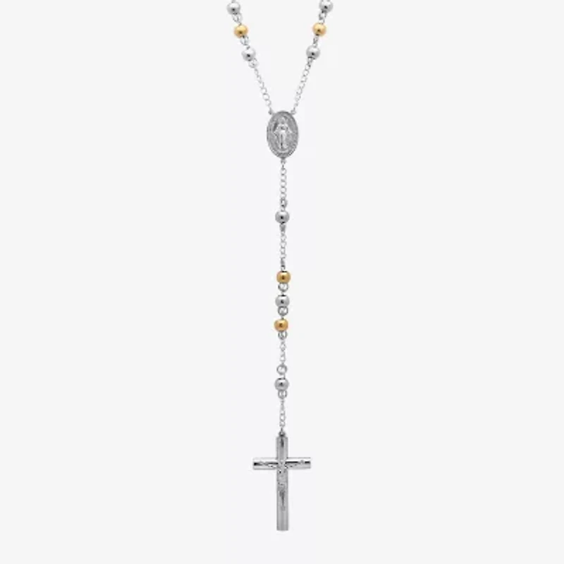 Two-Tone Stainless Steel Cross Rosary Necklace