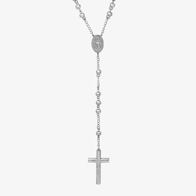 Mens Stainless Steel 36” Cross Rosary Necklace