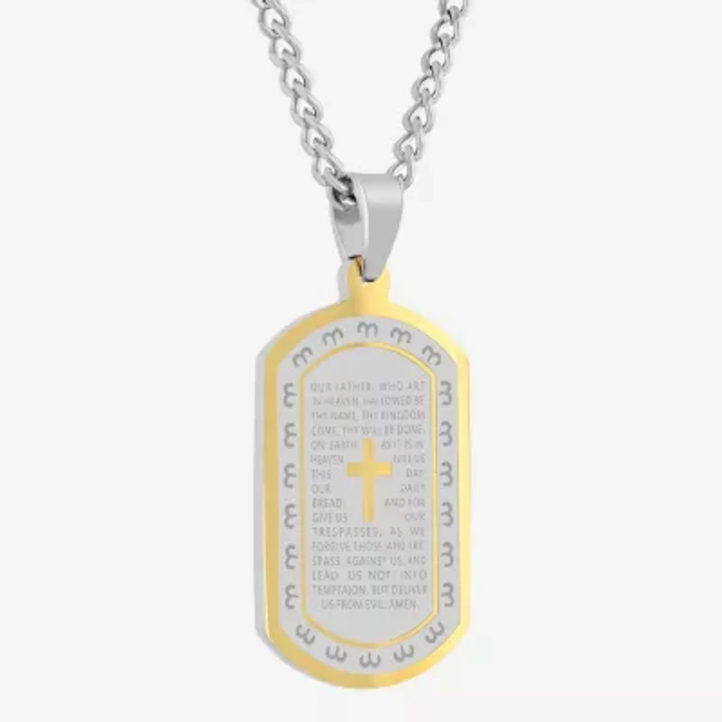 Mens Lord's Prayer Cross Dog Tag Stainless Steel Pendant Necklace