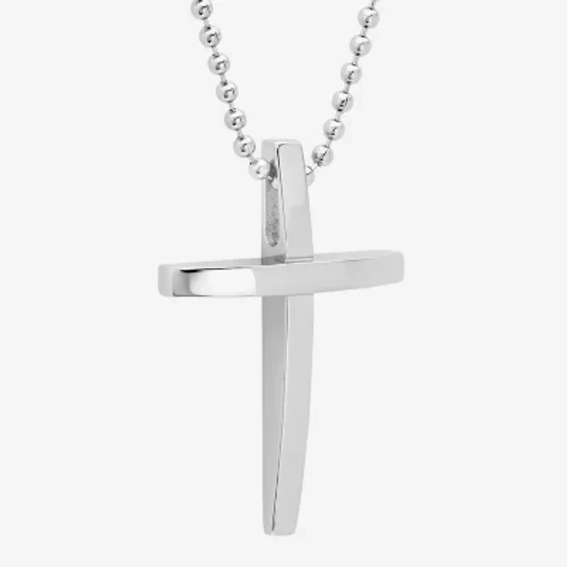 Mens Stainless Steel Curved Cross Pendant Necklace