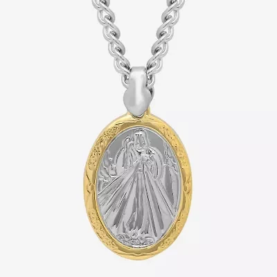 Mens Stainless Steel Divine Mercy Medallion Oval Pendant Necklace