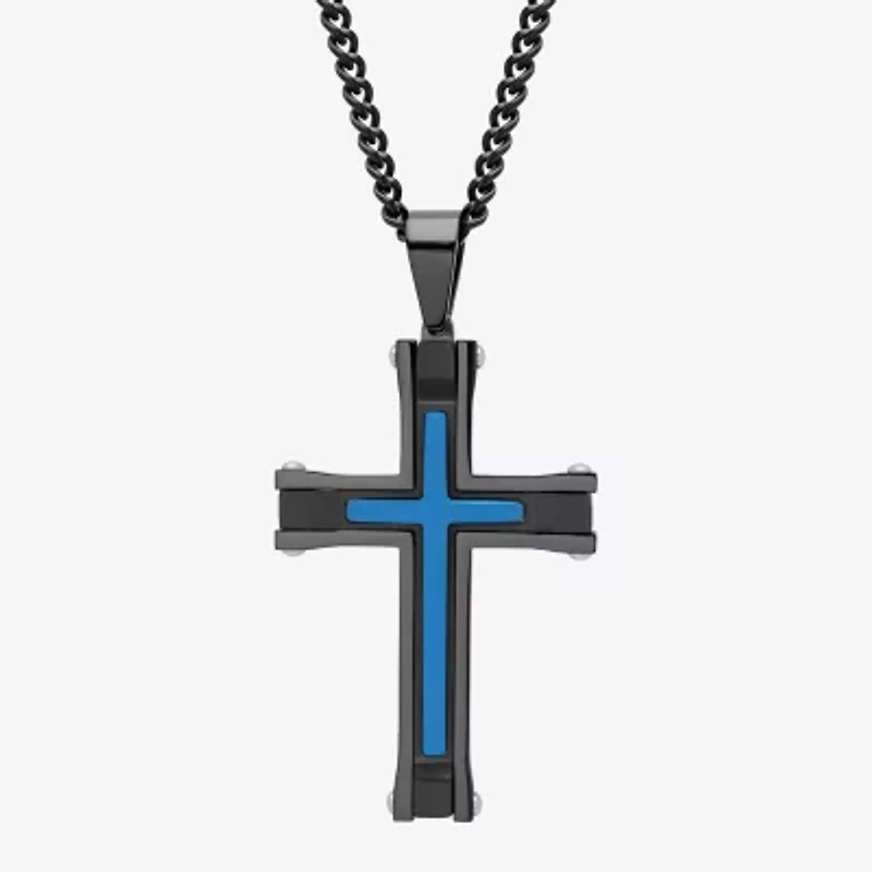 Mens Stainless Steel Black & Blue IP Cross Pendant Necklace