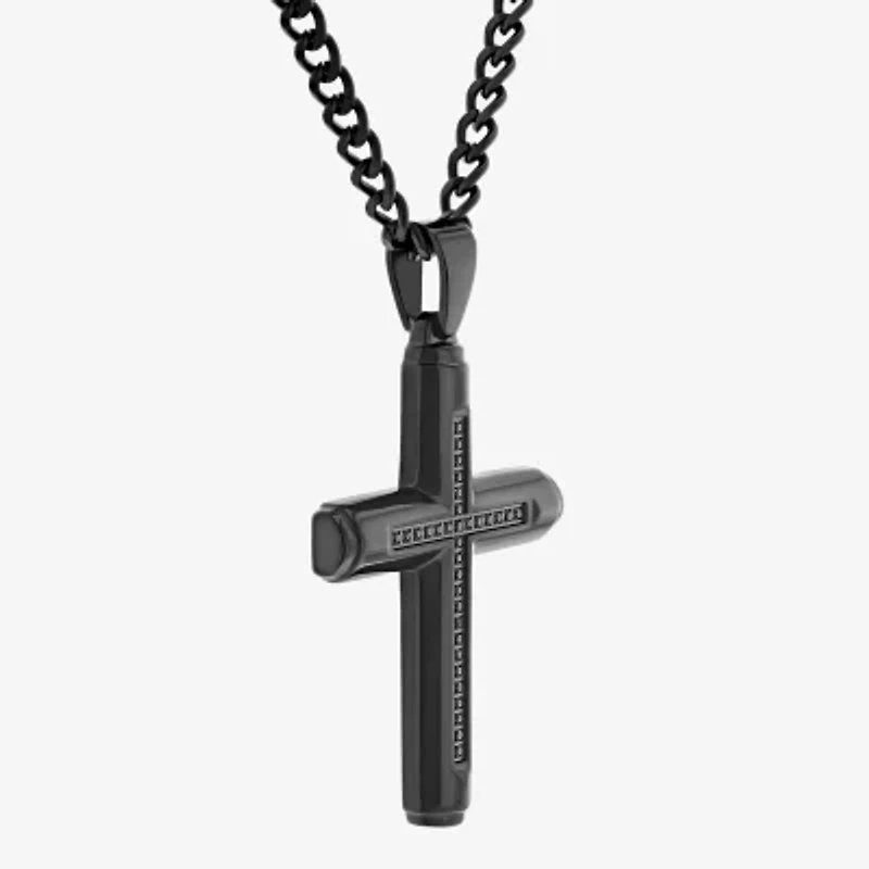 Mens 1/7 CT. T.W. Natural Black Diamond Stainless Steel Cross 24 Inch Pendant Necklace
