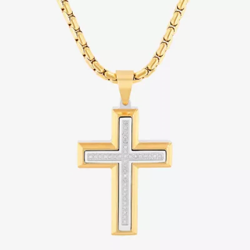 Mens 1/5 CT. White Diamond Stainless Steel Cross 24 Inch Pendant Necklace