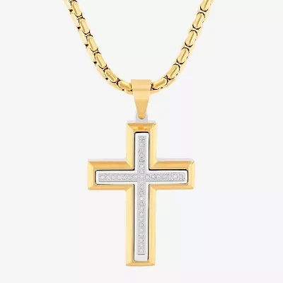 Mens 1/5 CT. White Diamond Stainless Steel Cross 24 Inch Pendant Necklace