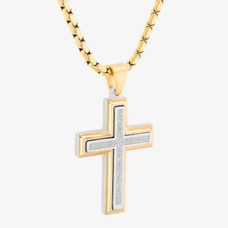 Mens 1/5 CT. White Diamond Stainless Steel Cross 24 Inch Pendant Necklace