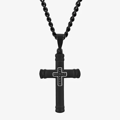 Mens Diamond Accent Natural Black Diamond Stainless Steel Cross 24 Inch Pendant Necklace
