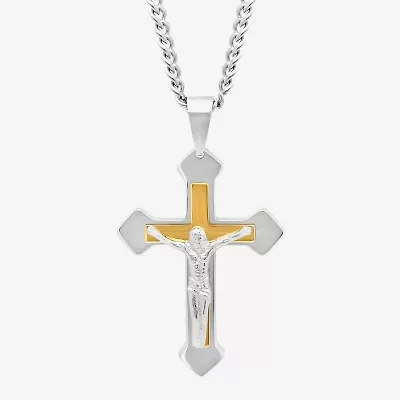 Mens Two-Tone Stainless Steel Crucifix Pendant Necklace