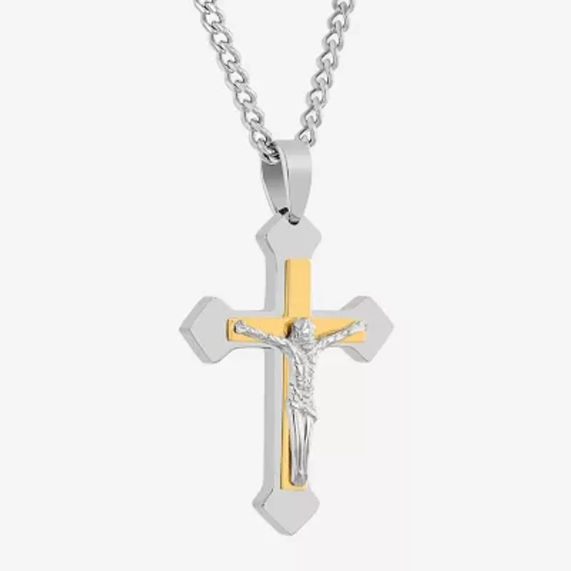 Mens Two-Tone Stainless Steel Crucifix Pendant Necklace
